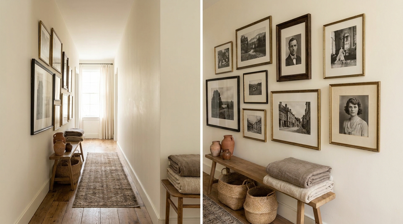 Black and white photo gallery wall in a narrow rental hallway