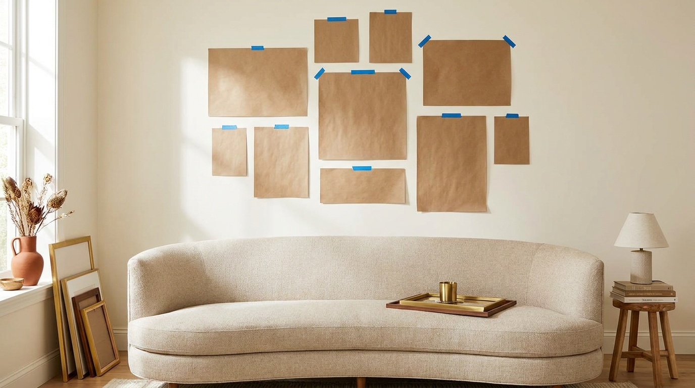 Paper templates taped above a sofa for a renter-friendly gallery wall