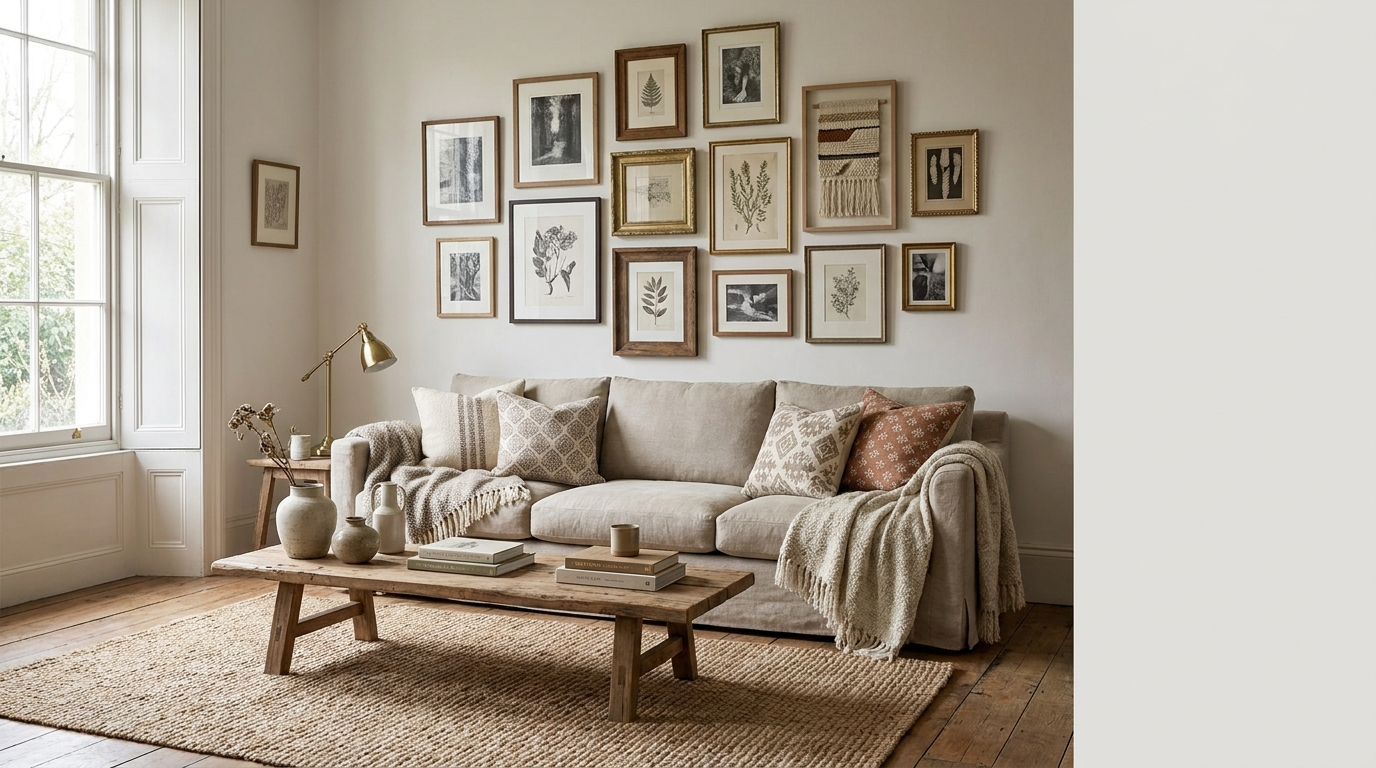 Neutral living room with mixed frame gallery wall above sofa — feature