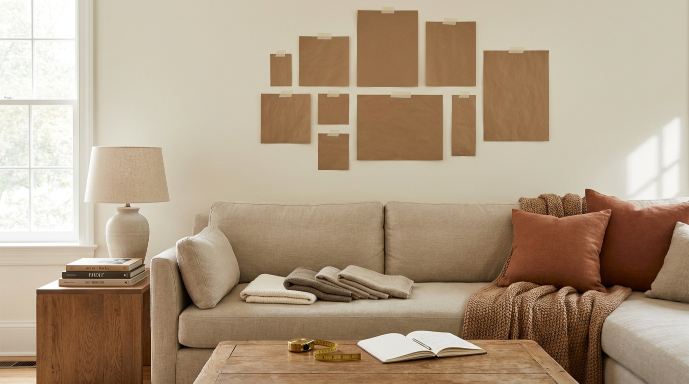 Paper templates arranged above a beige sofa for gallery wall planning