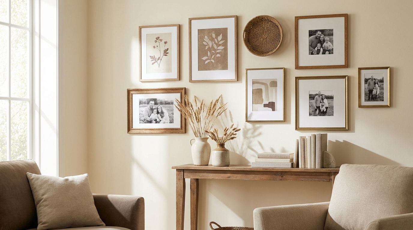 Mixed gallery wall with art prints, family photos, and small woven basket