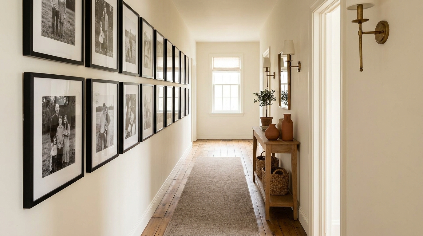 Narrow hallway with black frames and family photos in a clean row
