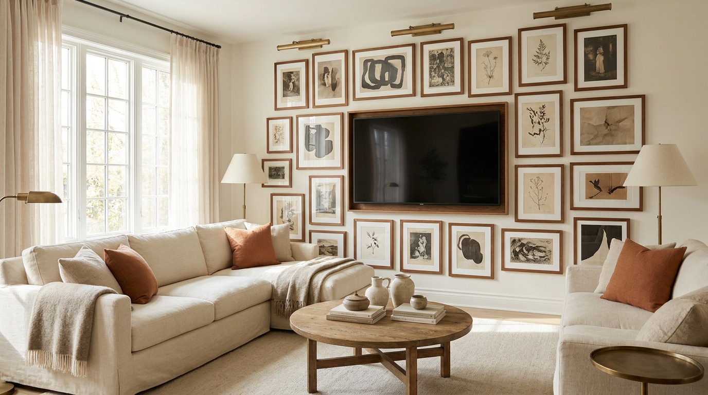 Large living room gallery wall with warm wood frames around a wall-mounted TV