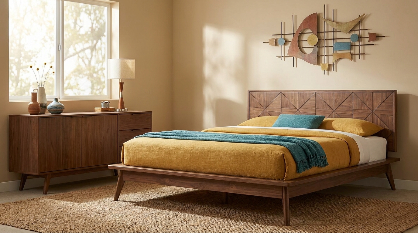Walnut-Leg Sofa Against White Plaster Walls
