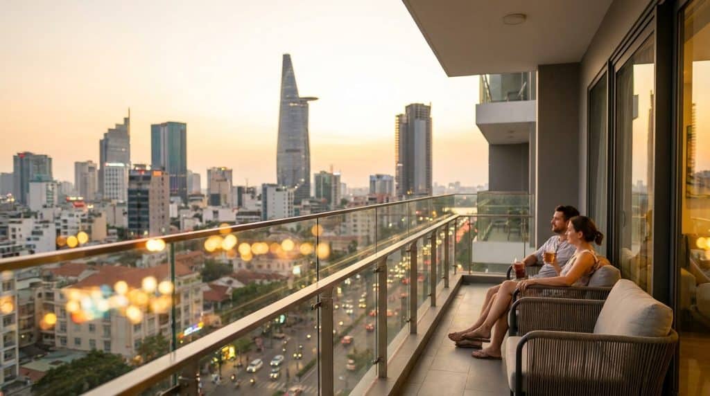 Airbnb in Saigon — Skyline view from an Airbnb in Saigon apartment balcony showing District 1 at sunset