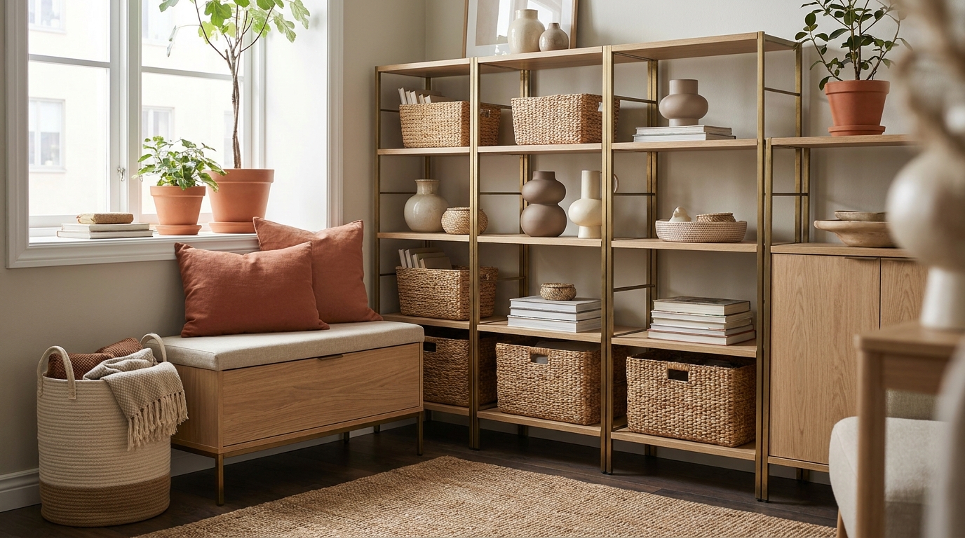 small apartment storage ideas — editorial home decor styled scene with natural daylight and renter-friendly setup