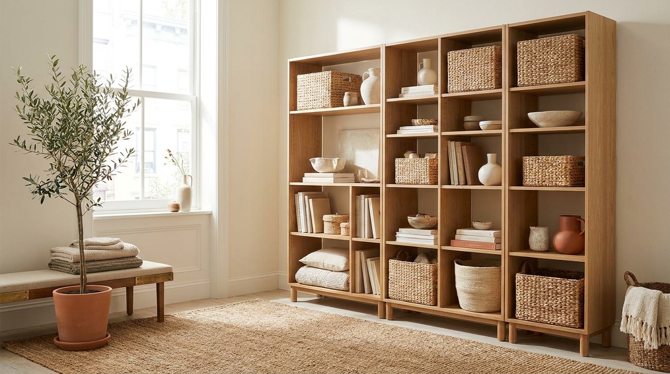 small apartment storage ideas — editorial home decor styled scene with natural daylight and renter-friendly setup