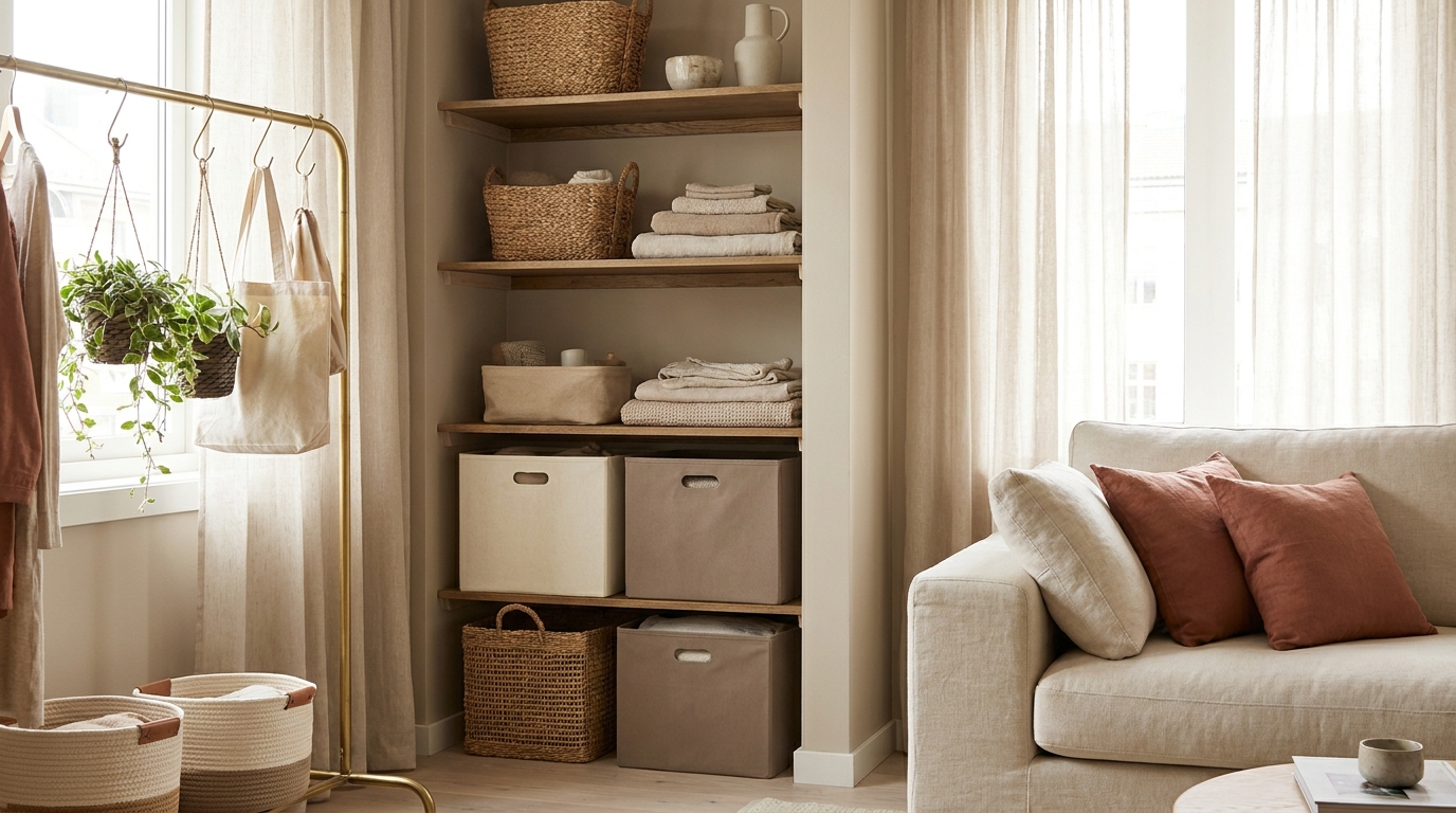 small apartment storage ideas — editorial home decor styled scene with natural daylight and renter-friendly setup