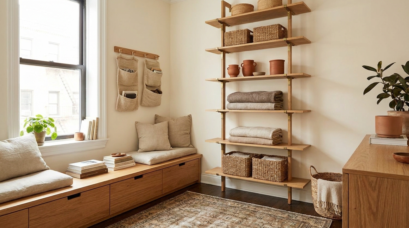 small apartment storage ideas — editorial home decor styled scene with natural daylight and renter-friendly setup