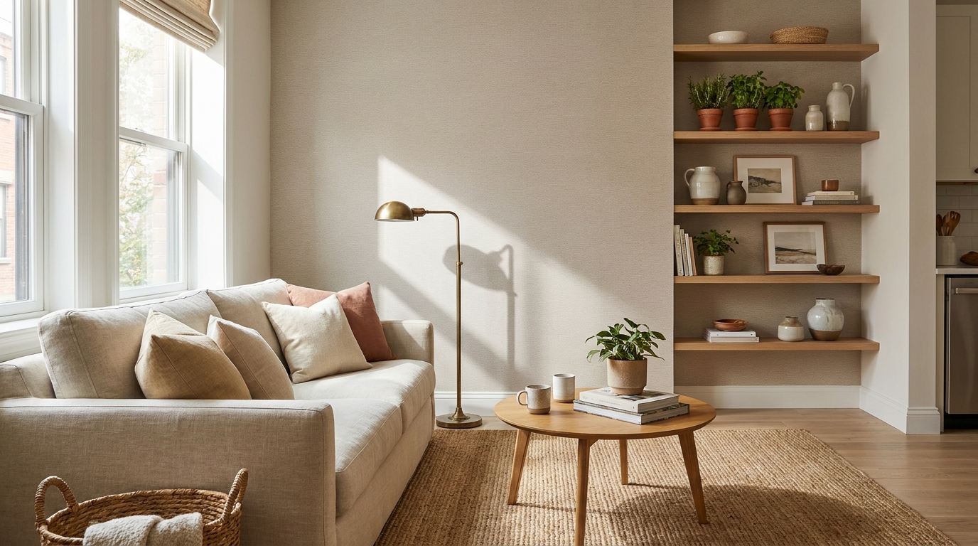 tiny apartment ideas — editorial home decor styled scene with natural daylight and renter-friendly setup