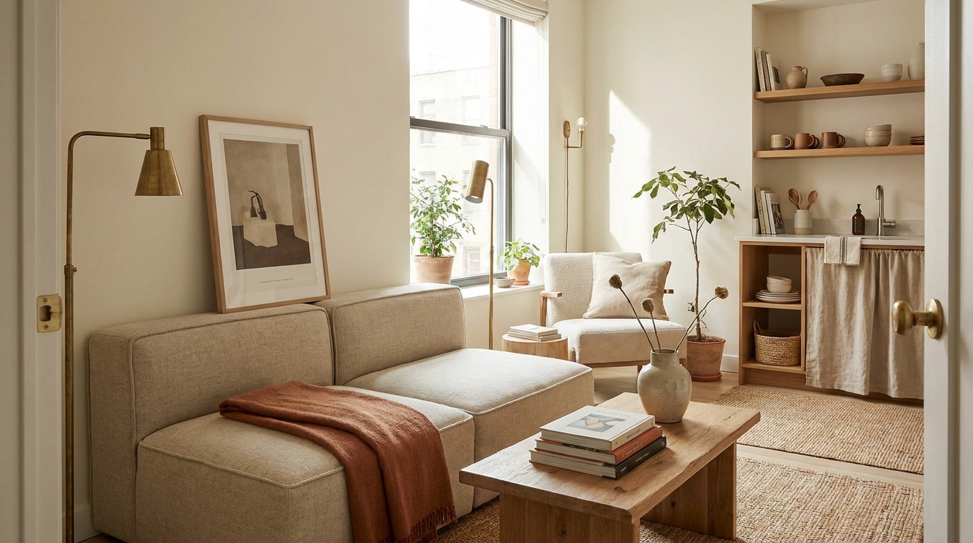 tiny apartment ideas — editorial home decor styled scene with natural daylight and renter-friendly setup