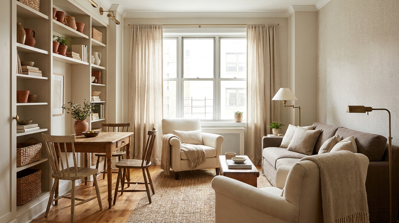 tiny apartment ideas — editorial home decor styled scene with natural daylight and renter-friendly setup