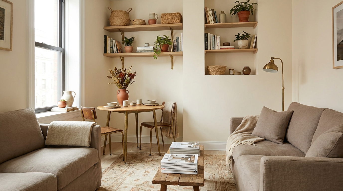 tiny apartment ideas — editorial home decor styled scene with natural daylight and renter-friendly setup