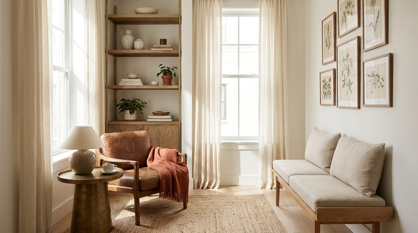 tiny apartment ideas — editorial home decor styled scene with natural daylight and renter-friendly setup