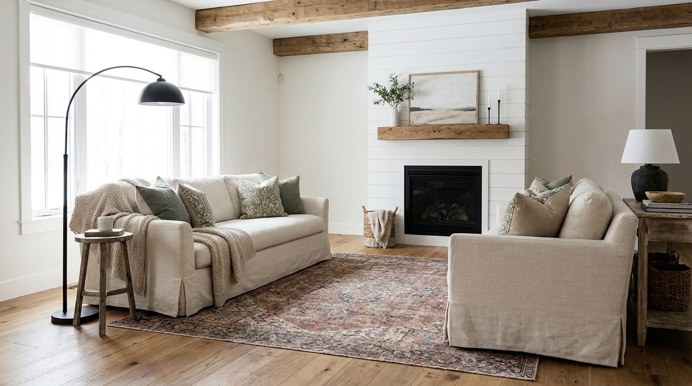 Black iron and wood accent combinations for farmhouse living room