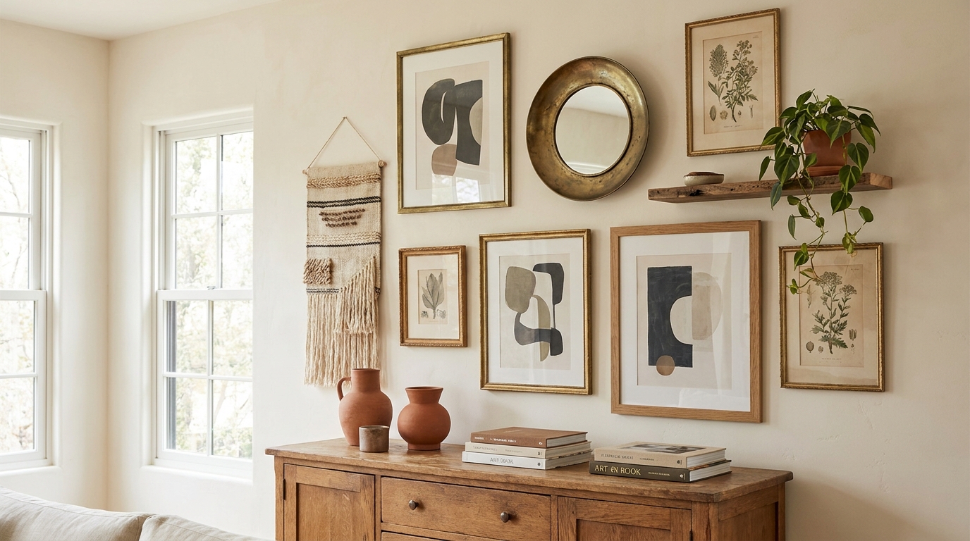 Eclectic Gallery Wall Ideas: Mix Art, Plants and Mirrors — editorial scene