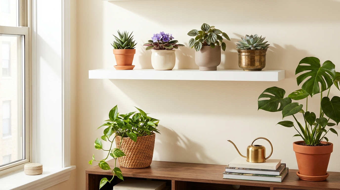 A curated shelf display of small indoor plants including haworthia, African violet, peperomia, and echeveria arranged on a white floating shelf in a bright apartment