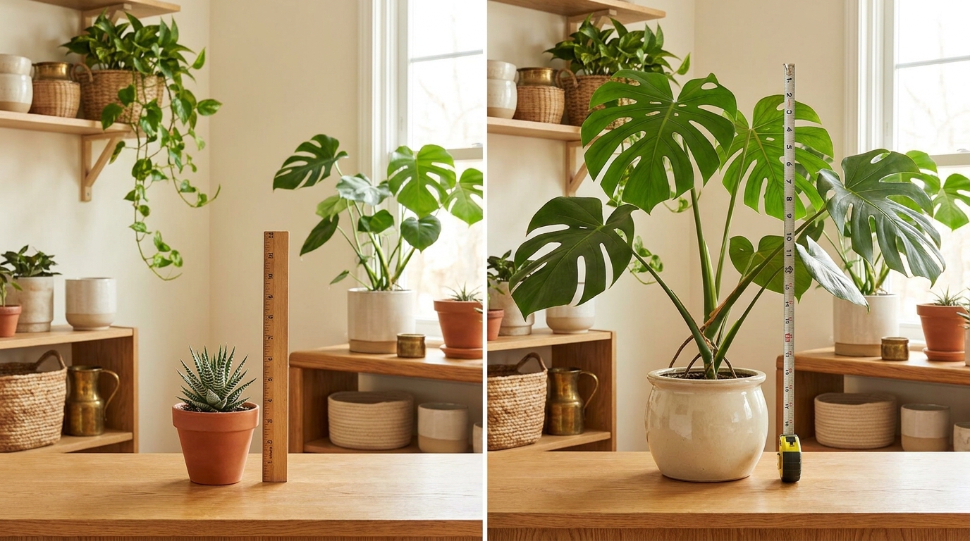 Side-by-side comparison of a 4-inch haworthia next to a ruler showing 3-inch height versus a mislabeled "compact" monstera at 18 inches