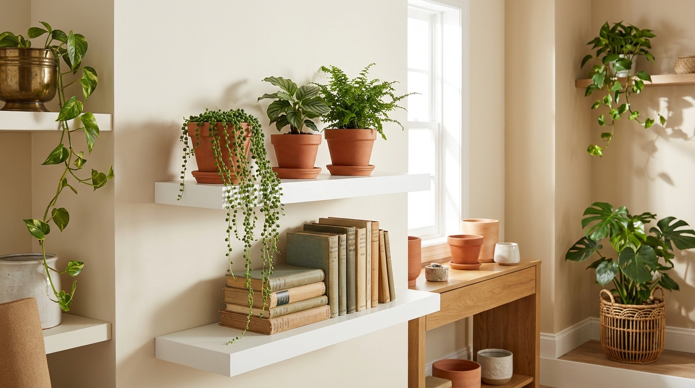 Styled floating shelf with string of pearls trailing over edge, small calathea, and button fern in terracotta pots on white shelf with books