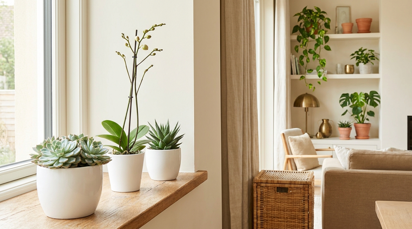 South-facing windowsill with succulent rosettes, mini orchid in spike, and small aloe in white ceramic pots with warm light
