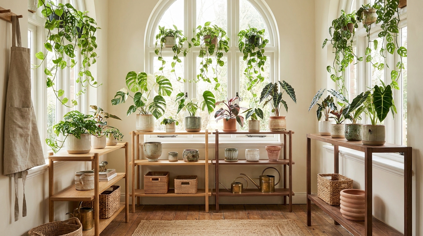 Rare indoor plants variegated monstera pink princess philodendron and alocasia collection displayed on tiered stands in a bright plant shack with white walls