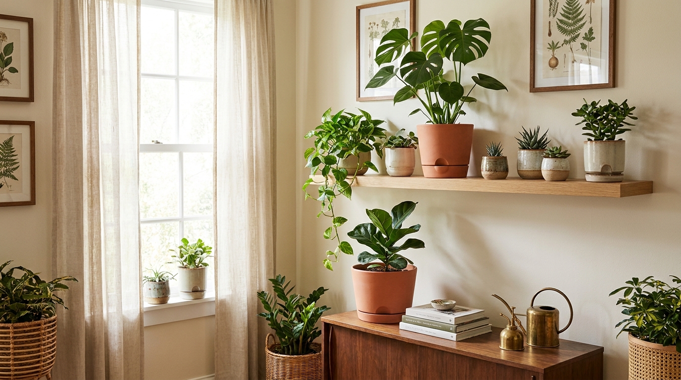 self watering pots for indoor plants — editorial home decor styled scene with natural daylight and renter-friendly setup