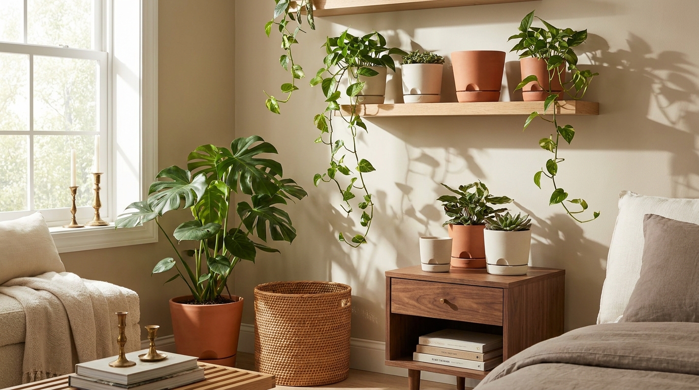 self watering pots for indoor plants — editorial home decor styled scene with natural daylight and renter-friendly setup