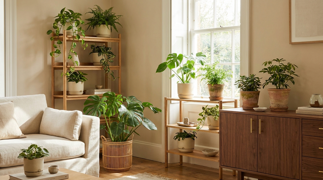 self watering pots for indoor plants — editorial home decor styled scene with natural daylight and renter-friendly setup