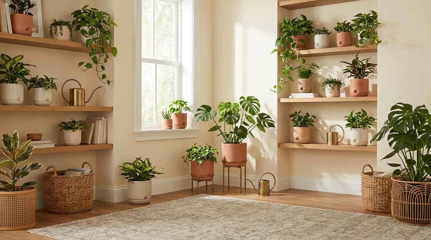 self watering pots for indoor plants — editorial home decor styled scene with natural daylight and renter-friendly setup