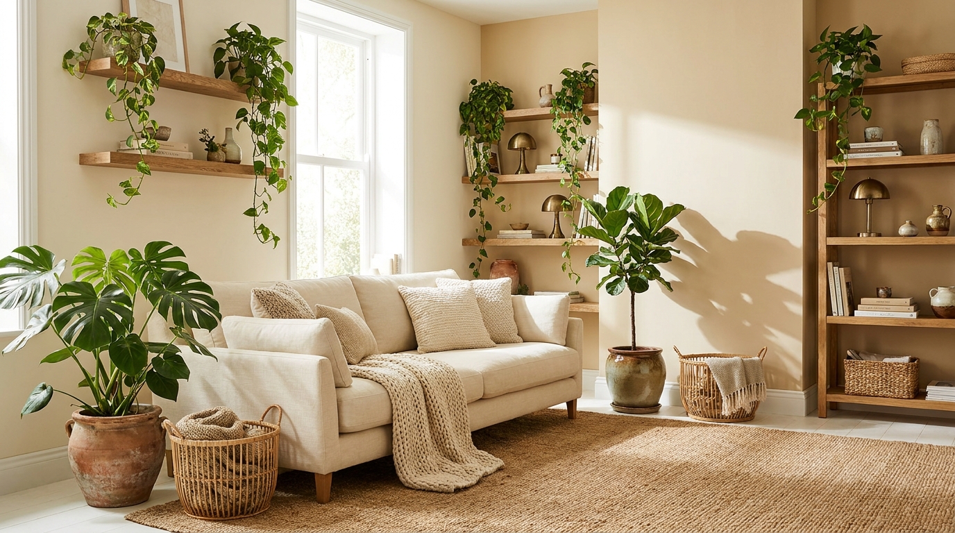 Best indoor plants for living room monstera fiddle leaf fig and trailing pothos styled in a bright neutral living room with linen sofa and oak shelving
