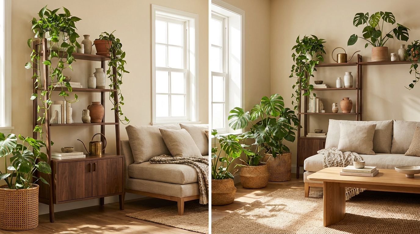 indoor plants for living room — editorial home decor styled scene with natural daylight and renter-friendly setup