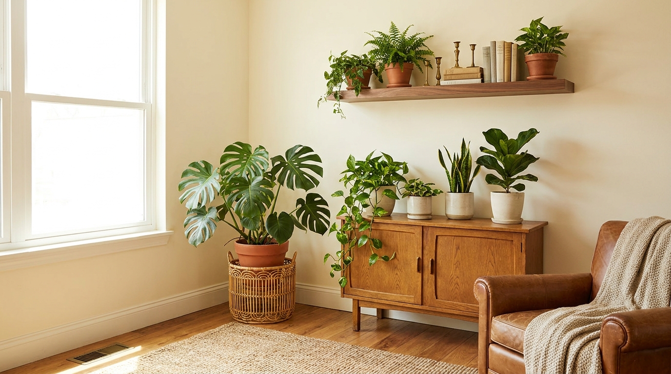 indoor plants for living room — editorial home decor styled scene with natural daylight and renter-friendly setup