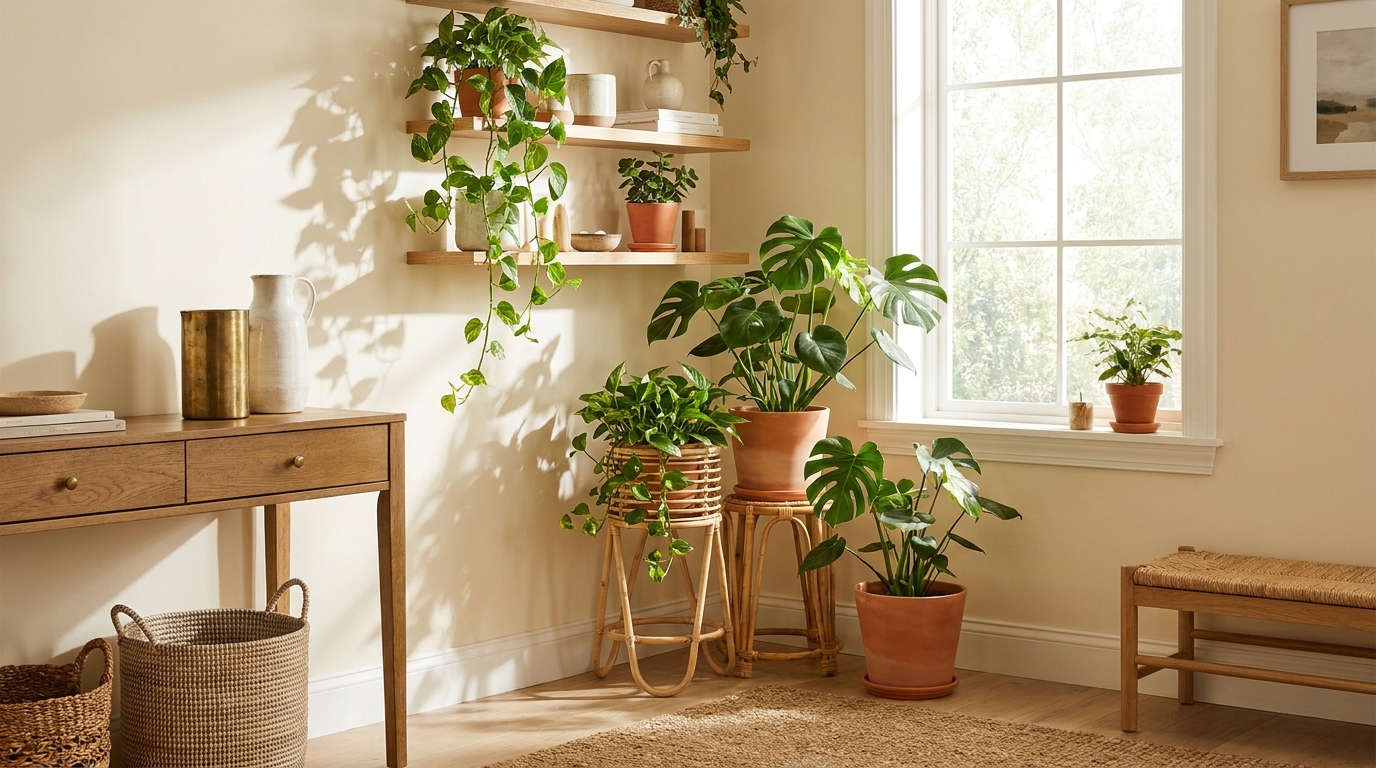 indoor plants for living room — editorial home decor styled scene with natural daylight and renter-friendly setup
