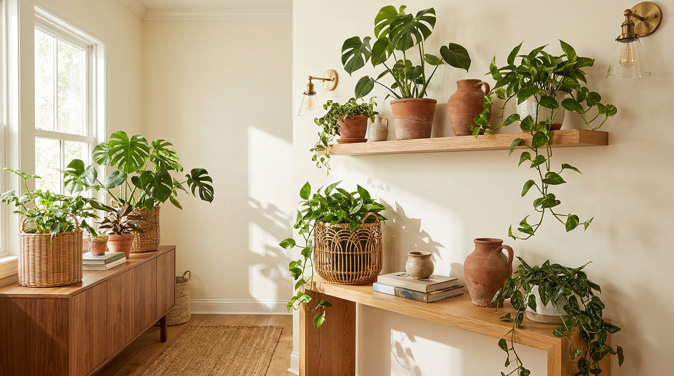 indoor plants for living room — editorial home decor styled scene with natural daylight and renter-friendly setup