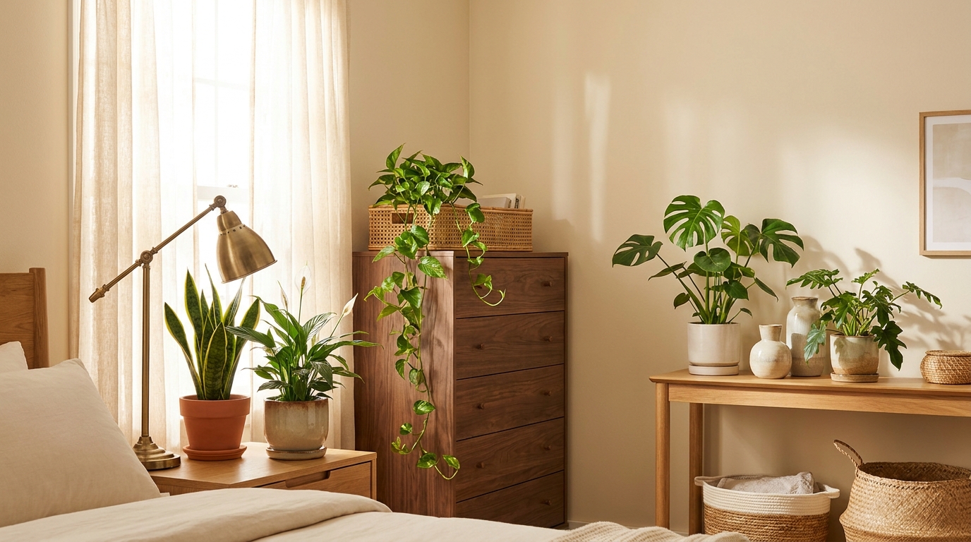 Best indoor plants for bedroom snake plant peace lily and trailing pothos styled on nightstand and dresser in a soft neutral bedroom with warm lighting