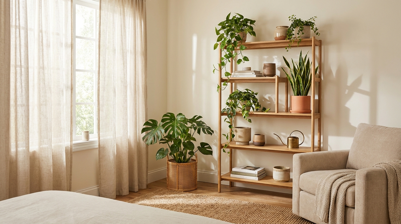 indoor plants for bedroom — editorial home decor styled scene with natural daylight and renter-friendly setup