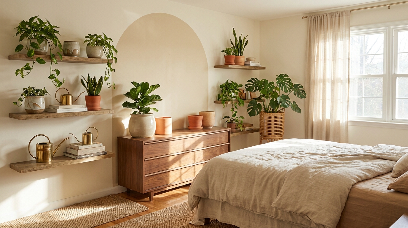 indoor plants for bedroom — editorial home decor styled scene with natural daylight and renter-friendly setup