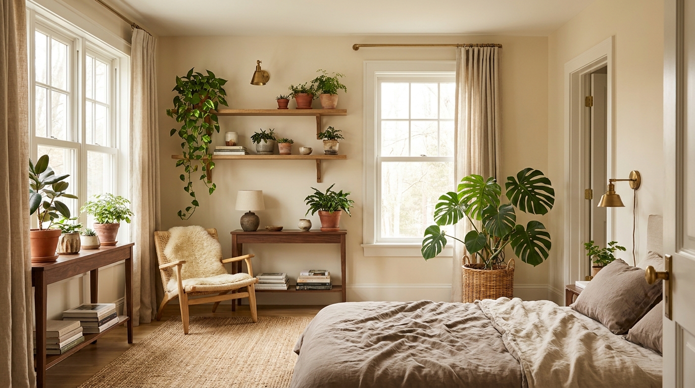 indoor plants for bedroom — editorial home decor styled scene with natural daylight and renter-friendly setup