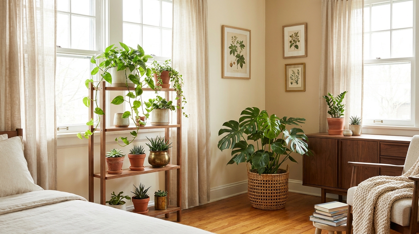 indoor plants for bedroom — editorial home decor styled scene with natural daylight and renter-friendly setup