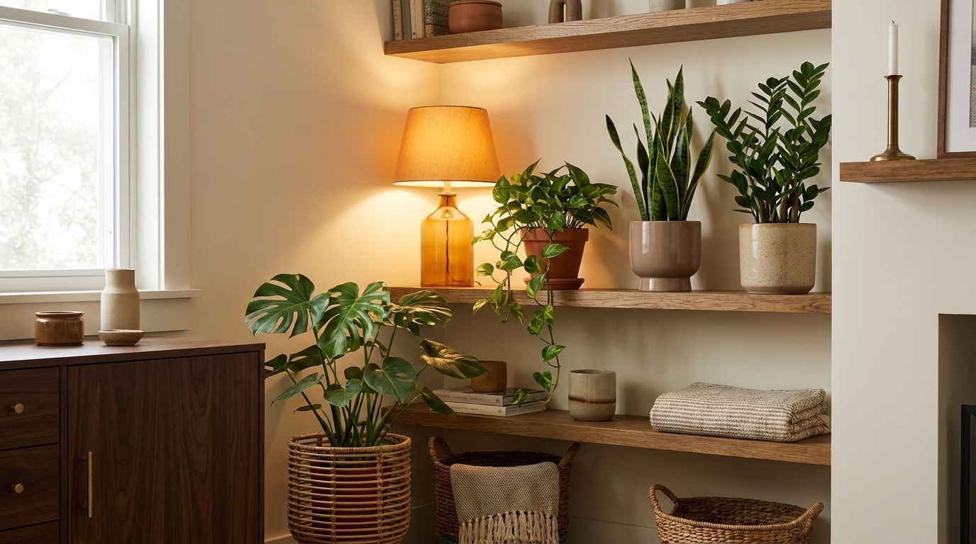 Best indoor plants for low light pothos snake plant and ZZ plant styled in a dim north-facing room with warm lamp and wooden shelves