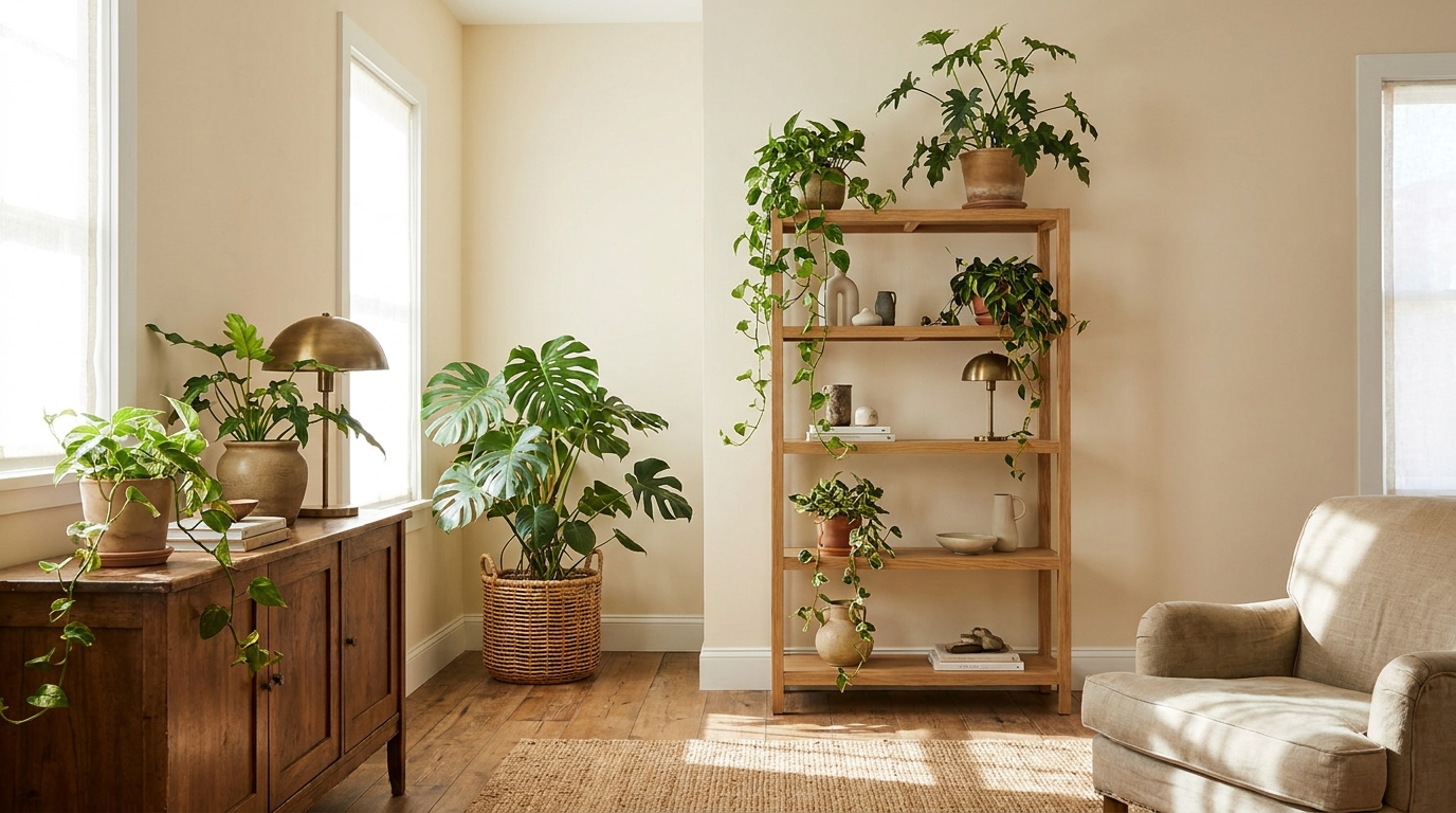 best indoor plants for low light — editorial home decor styled scene with natural daylight and renter-friendly setup