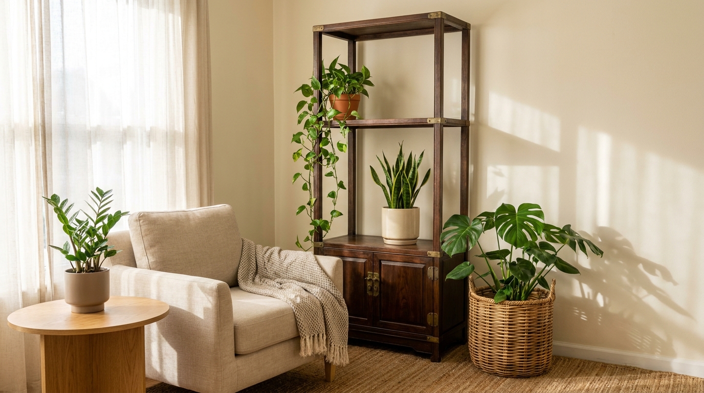 best indoor plants for low light — editorial home decor styled scene with natural daylight and renter-friendly setup