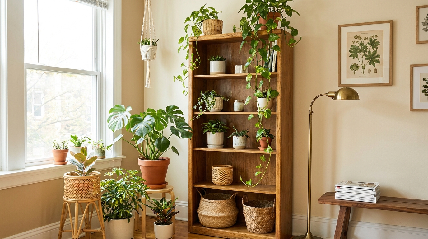 aesthetic plant corner ideas — editorial home decor styled scene with natural daylight and renter-friendly setup