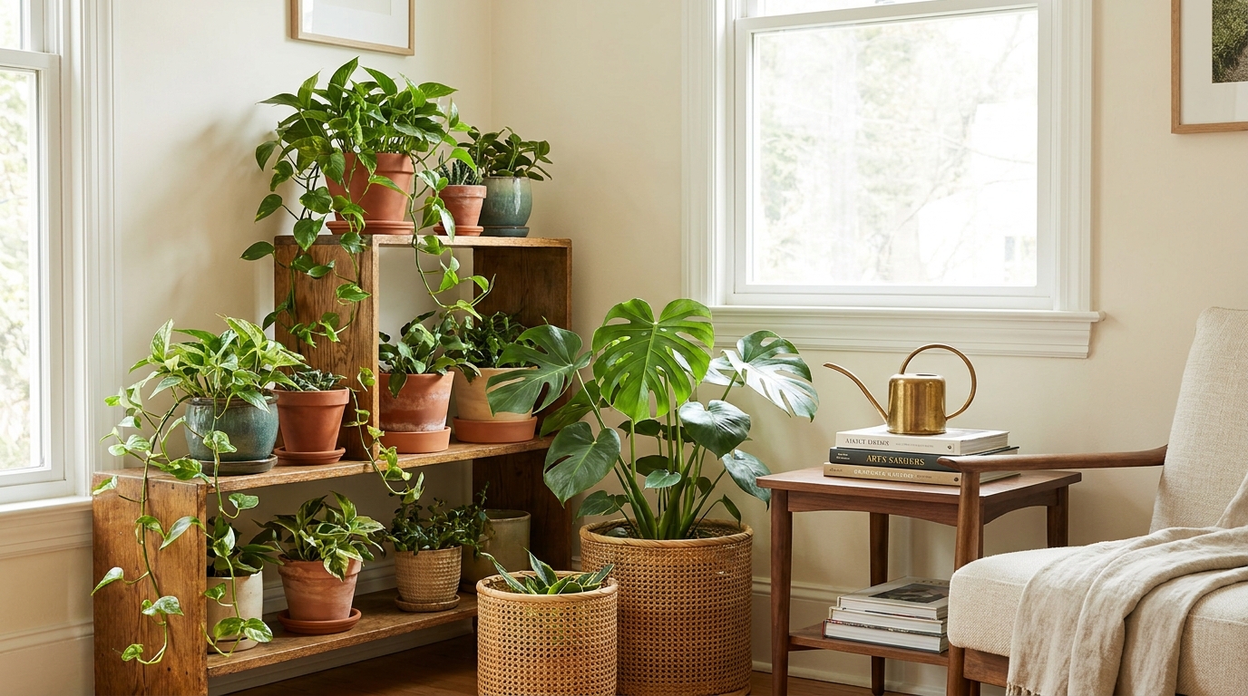 aesthetic plant corner ideas — editorial home decor styled scene with natural daylight and renter-friendly setup