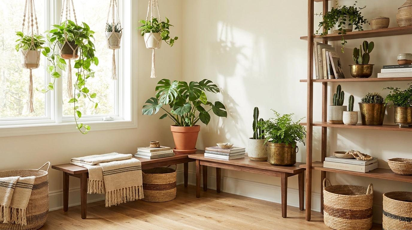aesthetic plant corner ideas — editorial home decor styled scene with natural daylight and renter-friendly setup