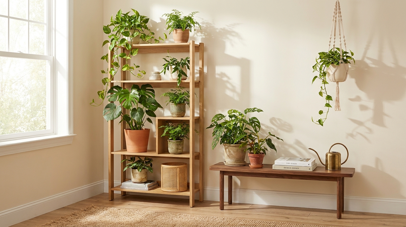 aesthetic plant corner ideas — editorial home decor styled scene with natural daylight and renter-friendly setup
