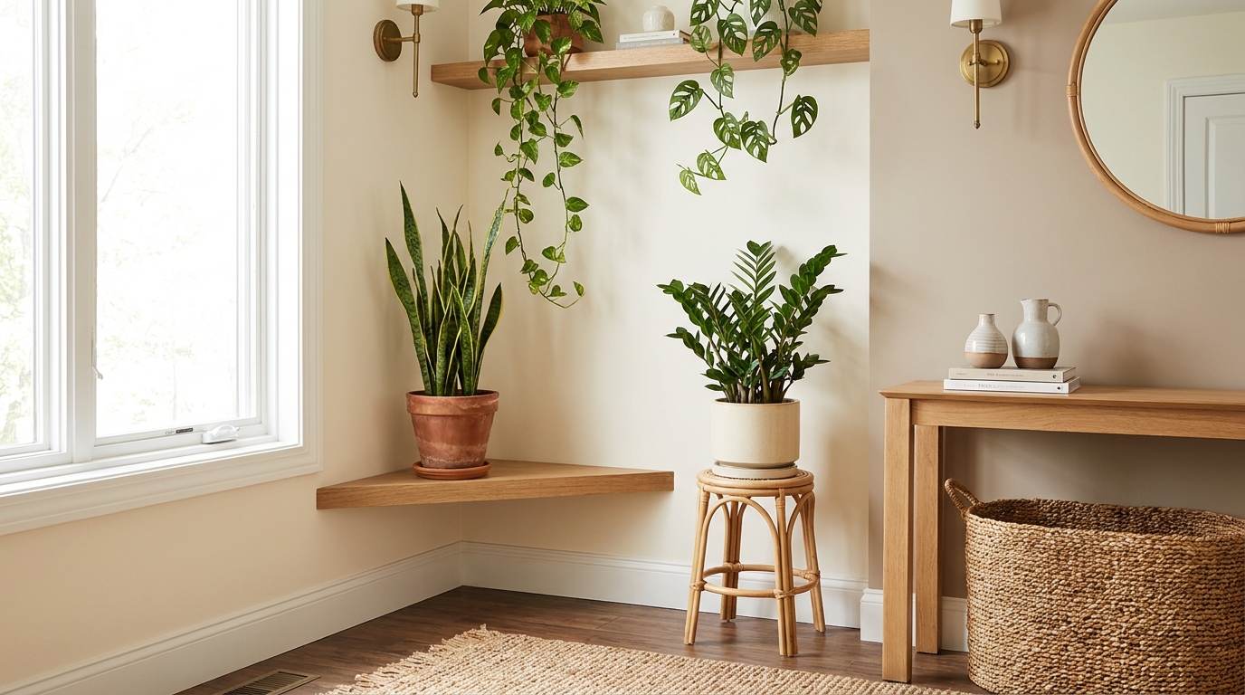 Upright snake plant and ZZ plant in living room corner
