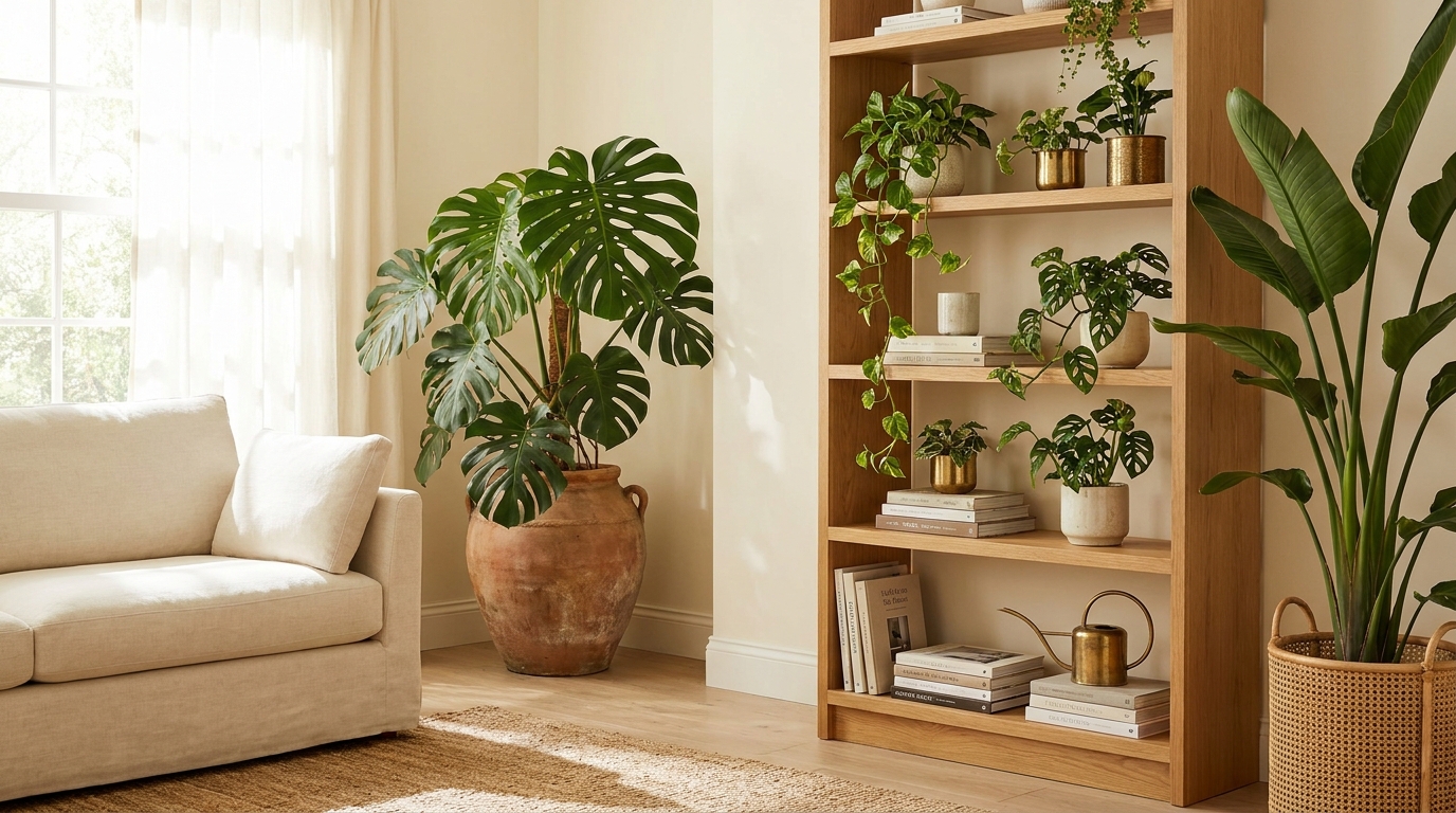 Statement monstera and bird of paradise in styled living room