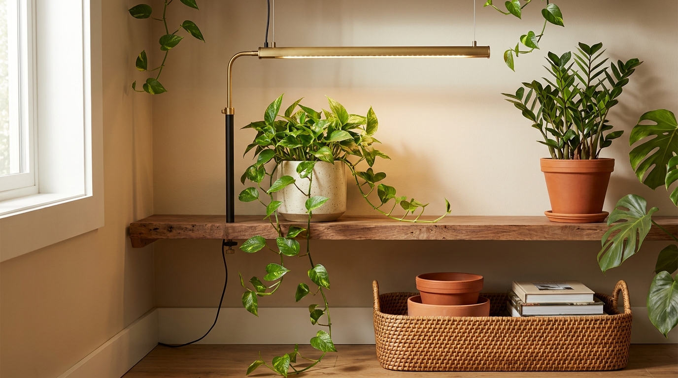 Grow light styled on shelf with pothos and ZZ plant in a low-light room with natural rattan basket and ceramic pots