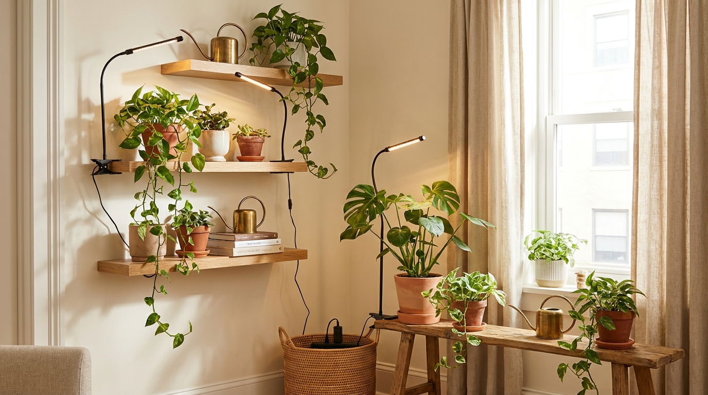 best grow lights for indoor plants under 50 — editorial home decor styled scene with natural daylight and renter-friendly setup